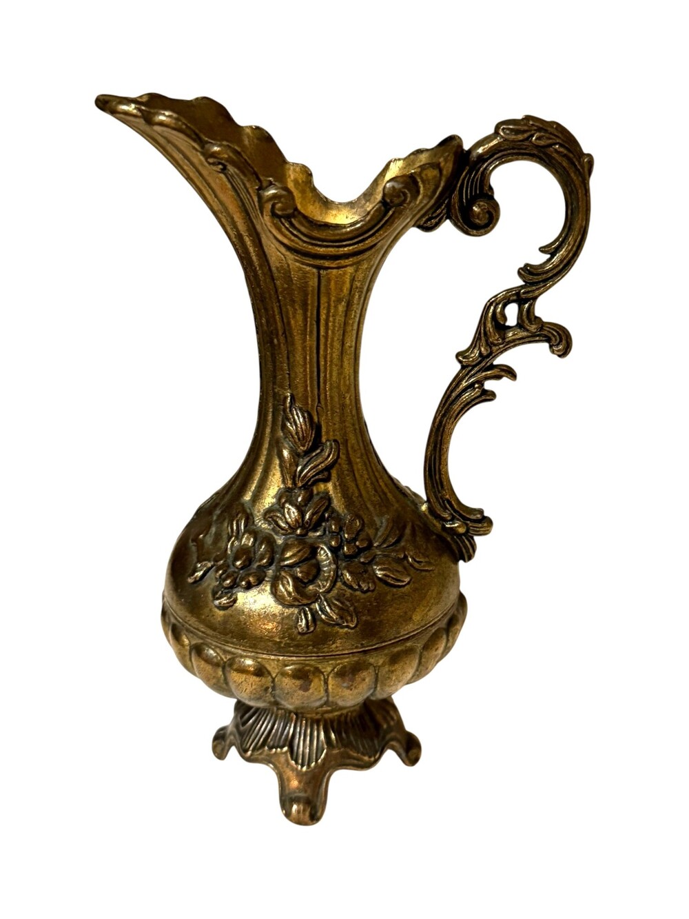 Vintage Italian Rococo Floral Metal Ewer Pitcher Footed Vase 7" Made Italy